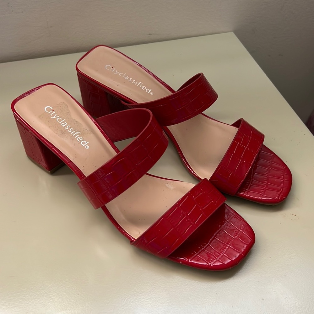Red, faux leather sandal heels, Size 9